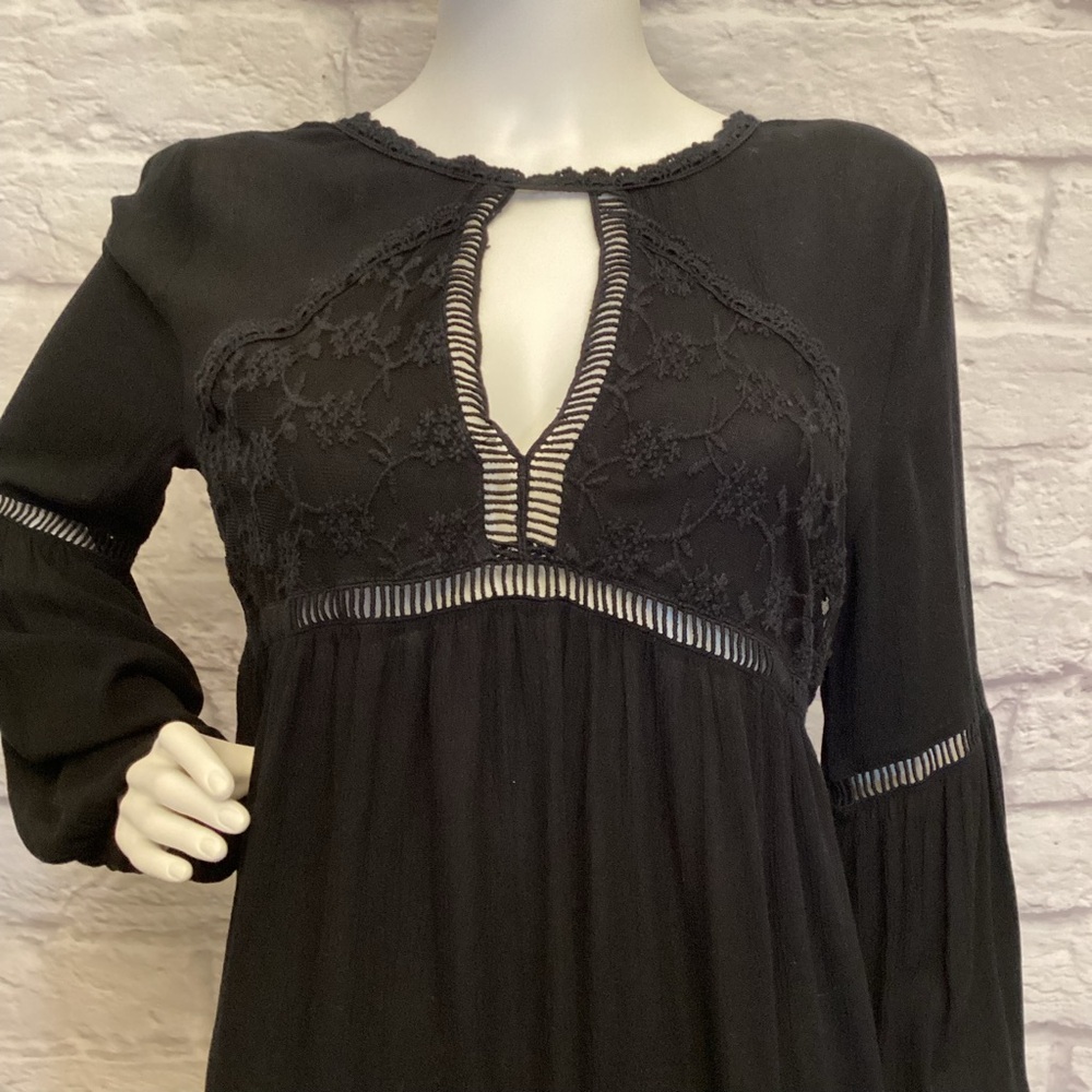 Y2K Babydoll Med Black Lace Dress Gauzy Long Sleeve Mini High Low Empire Waist
